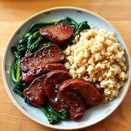 A beautifully plated dish featuring cooked beef slices alongside sautéed spinach