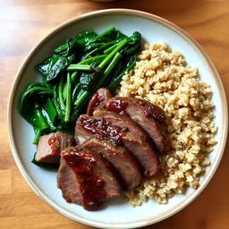 A beautifully plated dish featuring cooked beef slices alongside sautéed spinach