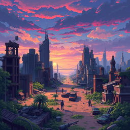 A vibrant pixel art map of a post-apocalyptic city, showcasing a desolate environment filled with ruined skyscrapers, crumbling buildings, and overgrown vegetation