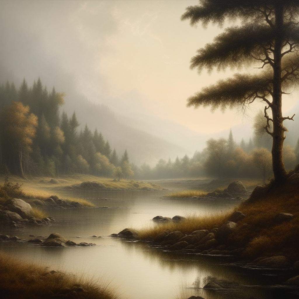 Adjust the tranquil and serene landscape painting to match the distinctive style of John William North, featuring soft, muted tones and intricate detailing of nature.