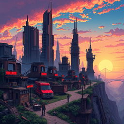 A vibrant pixel art map of a post-apocalyptic city, showcasing a desolate environment filled with ruined skyscrapers, crumbling buildings, and overgrown vegetation