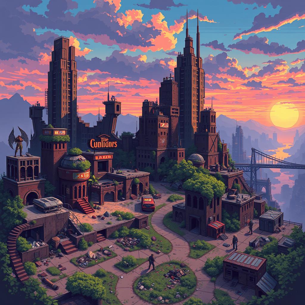 A vibrant pixel art map of a post-apocalyptic city, showcasing a desolate environment filled with ruined skyscrapers, crumbling buildings, and overgrown vegetation