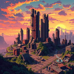 A vibrant pixel art map of a post-apocalyptic city, showcasing a desolate environment filled with ruined skyscrapers, crumbling buildings, and overgrown vegetation