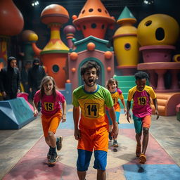 A dramatic scene inspired by a popular survival game show, featuring contestants in vibrant, colorful uniforms with numbers on them, participating in a high-stakes challenge in a large, ominous playground