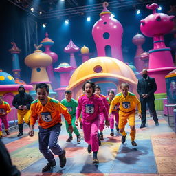 A dramatic scene inspired by a popular survival game show, featuring contestants in vibrant, colorful uniforms with numbers on them, participating in a high-stakes challenge in a large, ominous playground