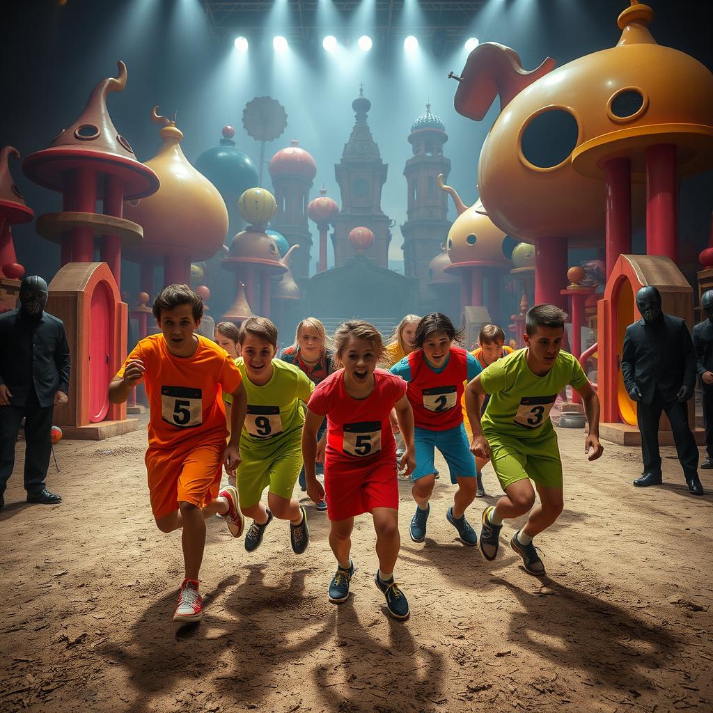 A dramatic scene inspired by a popular survival game show, featuring contestants in vibrant, colorful uniforms with numbers on them, participating in a high-stakes challenge in a large, ominous playground