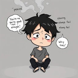 A cartoon scene depicting a boy with a troubled expression, sitting alone