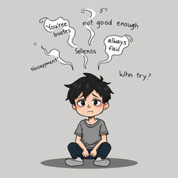 A cartoon scene depicting a boy with a troubled expression, sitting alone