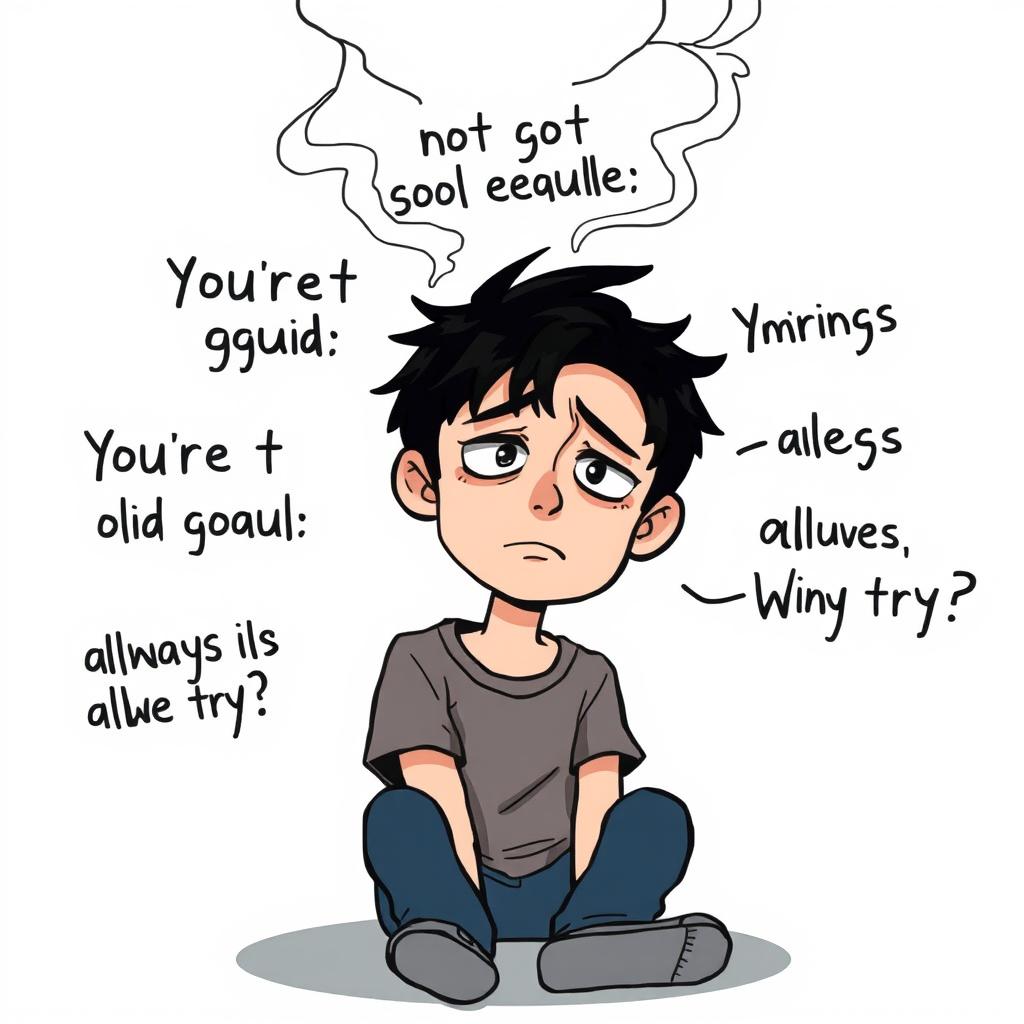 A cartoon scene depicting a boy with a troubled expression, sitting alone