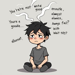 A cartoon scene depicting a boy with a troubled expression, sitting alone