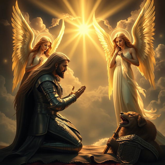 A dramatic scene depicting Laertes, a noble knight from Denmark, kneeling before Jesus in reverence