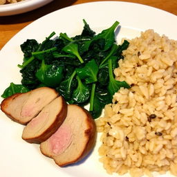 A beautifully presented dish featuring cooked meat slices arranged artfully on a plate, accompanied by fresh green spinach