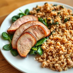 A beautifully presented dish featuring cooked meat slices arranged artfully on a plate, accompanied by fresh green spinach