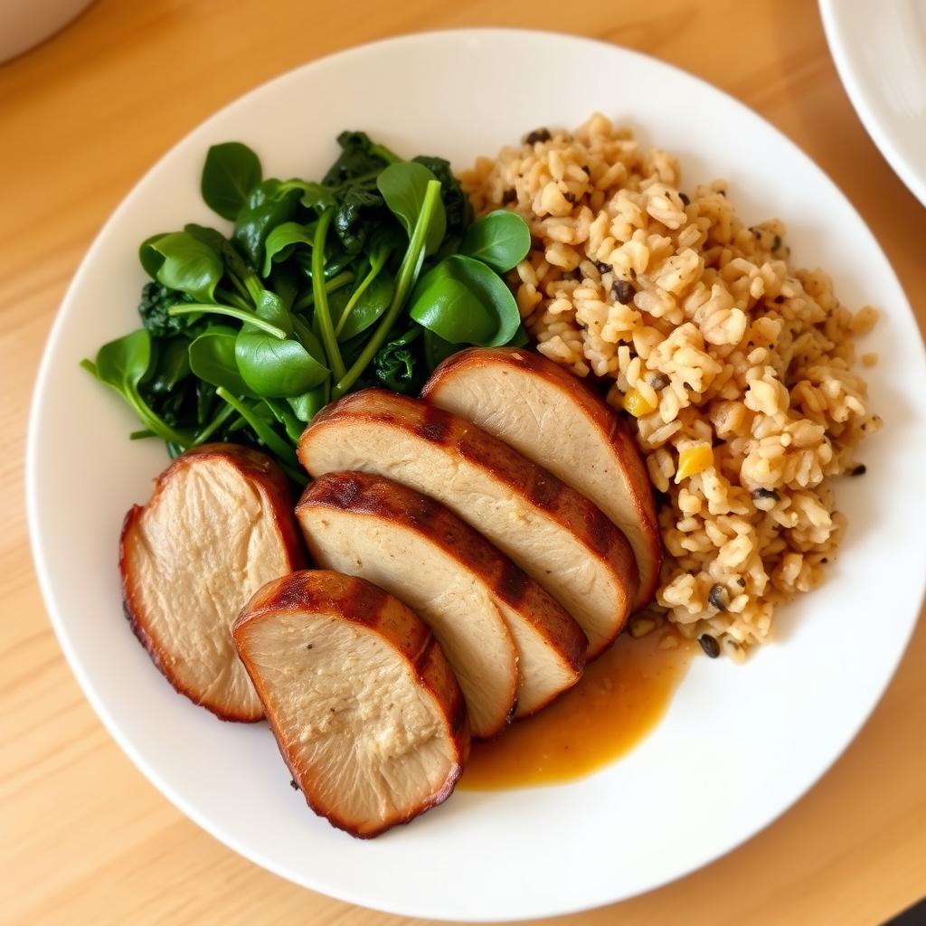 A beautifully presented dish featuring cooked meat slices arranged artfully on a plate, accompanied by fresh green spinach