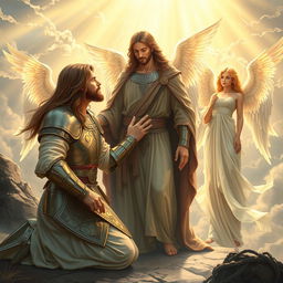 A dramatic scene depicting Laertes, a noble knight from Denmark, kneeling before Jesus in reverence