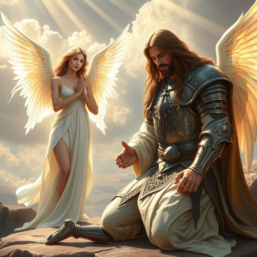 A dramatic scene depicting Laertes, a noble knight from Denmark, kneeling before Jesus in reverence