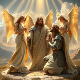 A dramatic scene depicting Laertes, a noble knight from Denmark, kneeling before Jesus in reverence