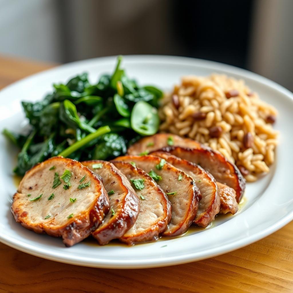 A beautifully arranged plate featuring cooked meat slices garnished with herbs, accompanied by a side of sautéed spinach