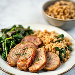 A beautifully arranged plate featuring cooked meat slices garnished with herbs, accompanied by a side of sautéed spinach