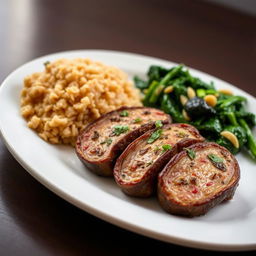 A beautifully arranged plate featuring cooked meat slices garnished with herbs, accompanied by a side of sautéed spinach