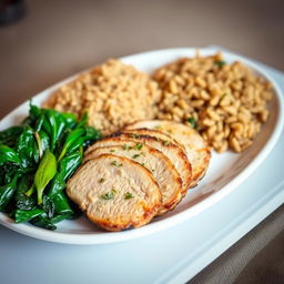 A beautifully arranged plate featuring cooked meat slices garnished with herbs, accompanied by a side of sautéed spinach