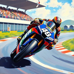 A vibrant, dynamic painting of a Moto GP motorcycle racing on a winding track, capturing the speed and excitement of the sport