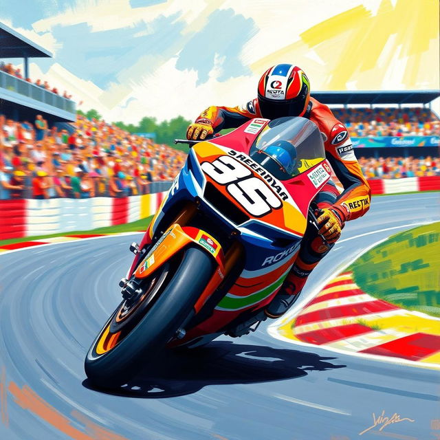 A vibrant, dynamic painting of a Moto GP motorcycle racing on a winding track, capturing the speed and excitement of the sport