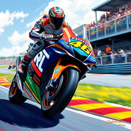 A vibrant, dynamic painting of a Moto GP motorcycle racing on a winding track, capturing the speed and excitement of the sport