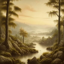 Adjust the tranquil and serene landscape painting to match the distinctive style of John William North, featuring soft, muted tones and intricate detailing of nature.