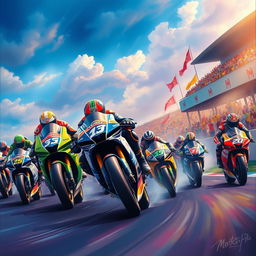 A vibrant and detailed painting of a MotoGP race, capturing the intense action of motorbikes racing on a track