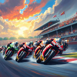 A vibrant and detailed painting of a MotoGP race, capturing the intense action of motorbikes racing on a track