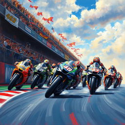 A vibrant and detailed painting of a MotoGP race, capturing the intense action of motorbikes racing on a track