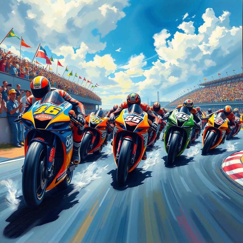 A vibrant and detailed painting of a MotoGP race, capturing the intense action of motorbikes racing on a track
