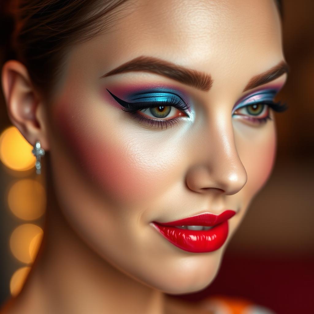 A close-up of a beautifully applied makeup look on a model, showcasing vibrant eye shadow in shades of blue and purple, bold eyeliner, and perfectly sculpted eyebrows