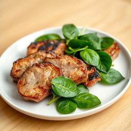 A beautifully arranged plate featuring cooked pieces of meat, garnished with fresh spinach leaves