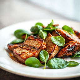 A beautifully arranged plate featuring cooked pieces of meat, garnished with fresh spinach leaves