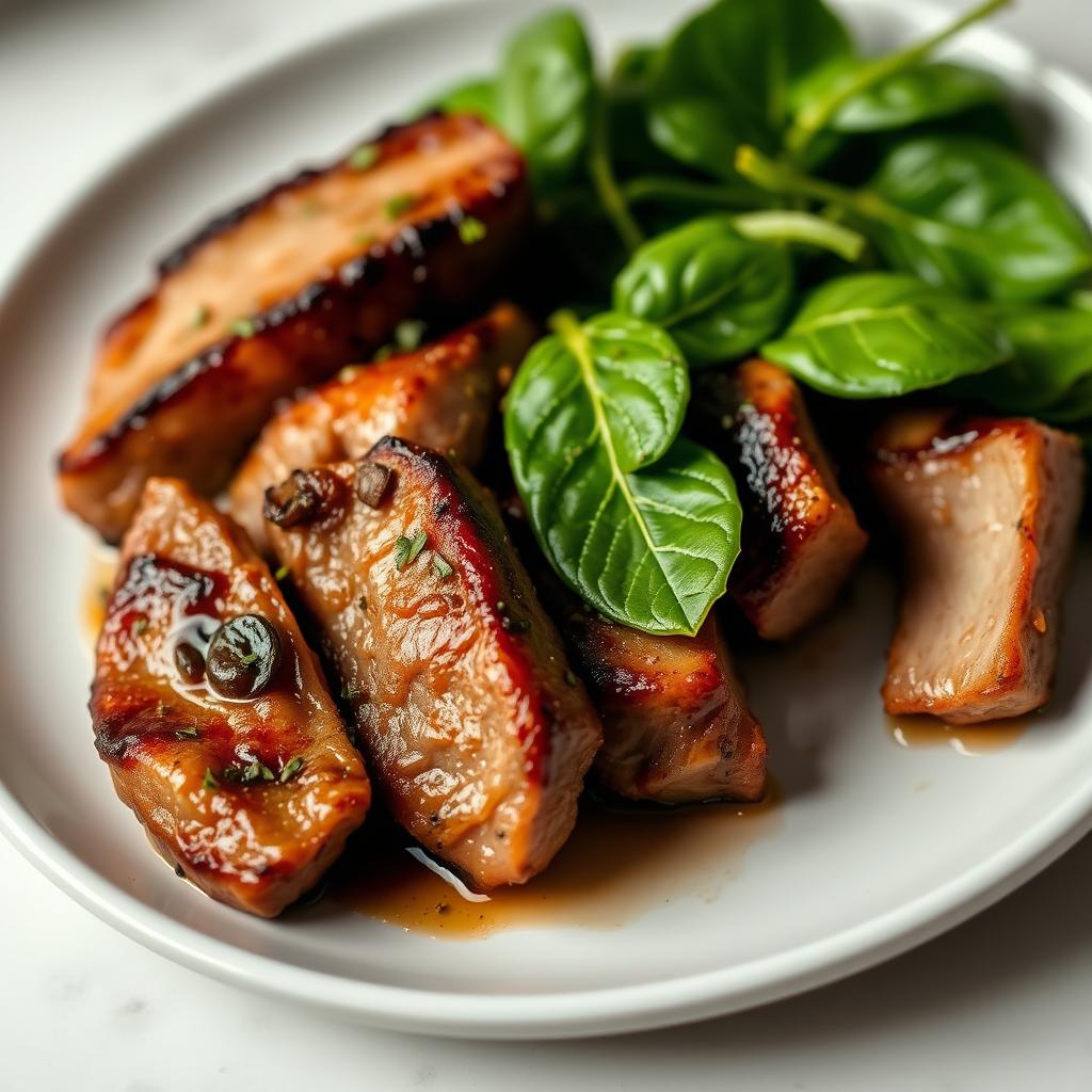 A beautifully arranged plate featuring cooked pieces of meat, garnished with fresh spinach leaves