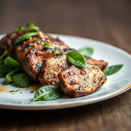 A beautifully arranged plate featuring cooked pieces of meat, garnished with fresh spinach leaves