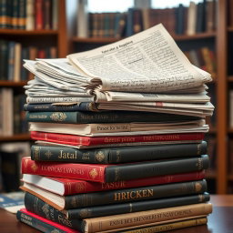 A colorful and diverse collection of books, newspapers, and handwritten notes stacked together, featuring various languages such as English, Spanish, Mandarin, and Arabic