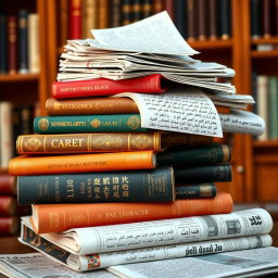 A colorful and diverse collection of books, newspapers, and handwritten notes stacked together, featuring various languages such as English, Spanish, Mandarin, and Arabic