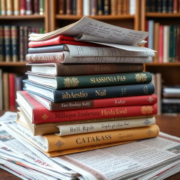 A colorful and diverse collection of books, newspapers, and handwritten notes stacked together, featuring various languages such as English, Spanish, Mandarin, and Arabic