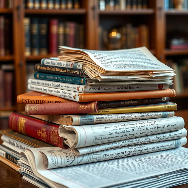 A colorful and diverse collection of books, newspapers, and handwritten notes stacked together, featuring various languages such as English, Spanish, Mandarin, and Arabic