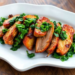 A beautifully plated dish featuring tender pieces of cooked meat garnished with finely chopped cooked spinach