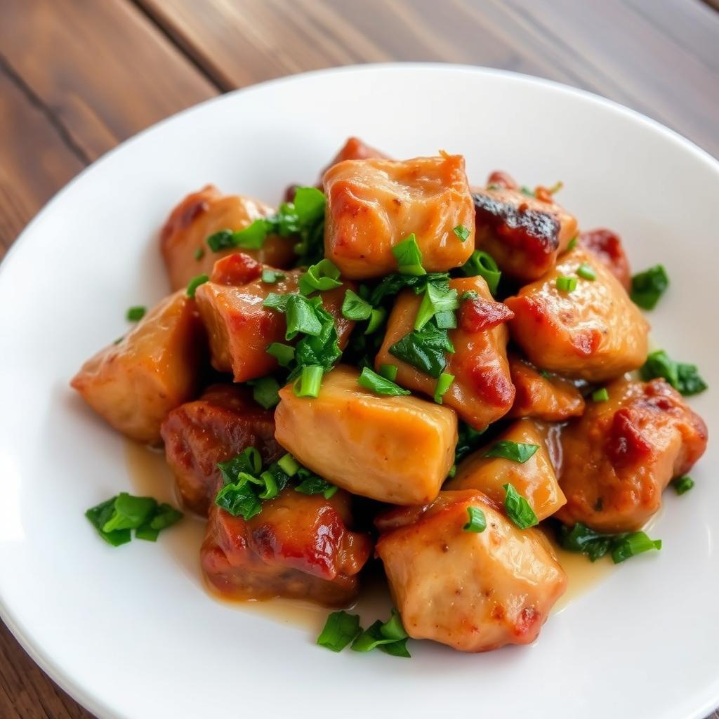 A beautifully plated dish featuring tender pieces of cooked meat garnished with finely chopped cooked spinach