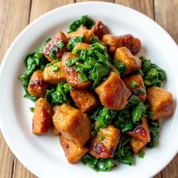 A beautifully plated dish featuring tender pieces of cooked meat garnished with finely chopped cooked spinach