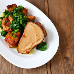 A beautifully plated dish featuring tender pieces of cooked meat garnished with finely chopped cooked spinach