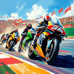 A dynamic and vibrant painting capturing the excitement of MotoGP racing