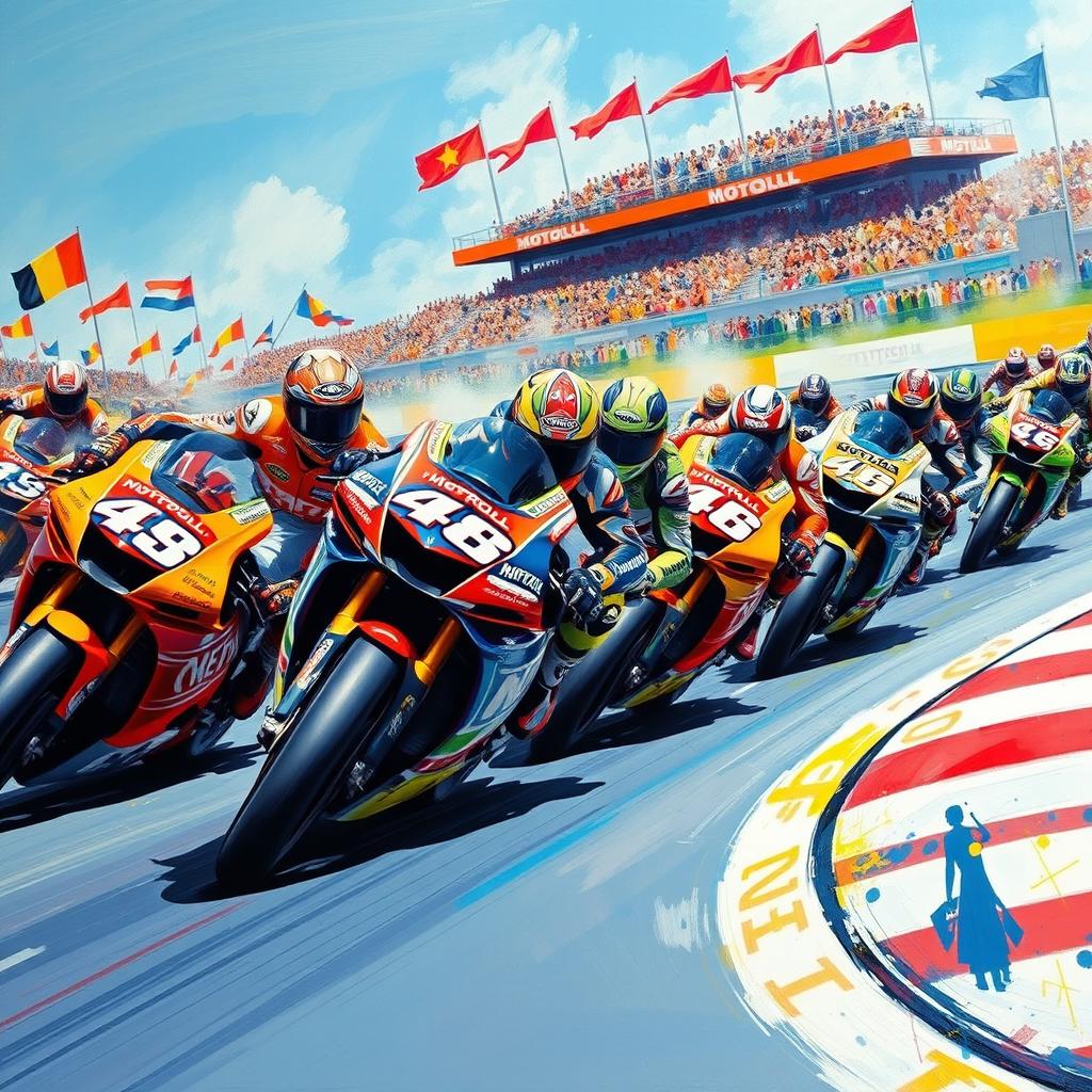 A dynamic and vibrant painting capturing the excitement of MotoGP racing