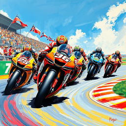 A dynamic and vibrant painting capturing the excitement of MotoGP racing