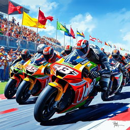 A dynamic and vibrant painting capturing the excitement of MotoGP racing